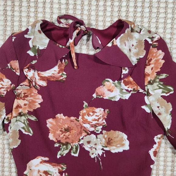 Elegant Floral Cottagecore Keyhole Back Girly Flowy Midi Dress in Burgundy Small - Picture 3 of 8